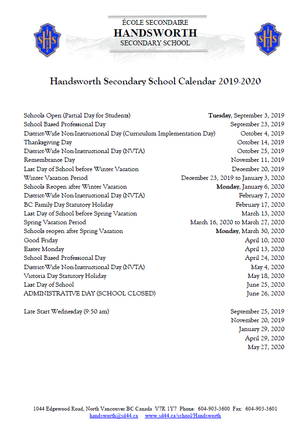 Calendar École Handsworth Secondary